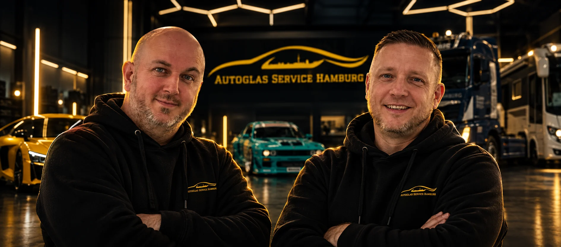 Sven Waldmann (links) und Dirk Kandt, die Inhaber von Autoglas Service Hamburg, vor dem Firmenlogo in ihrer Halle