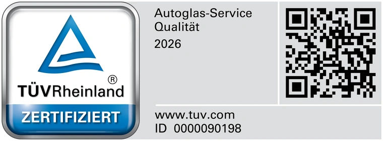 TÜV Rheinland geprüfte Qualität – Autoglas-Service, zertifiziert 2026, ID 0000090198