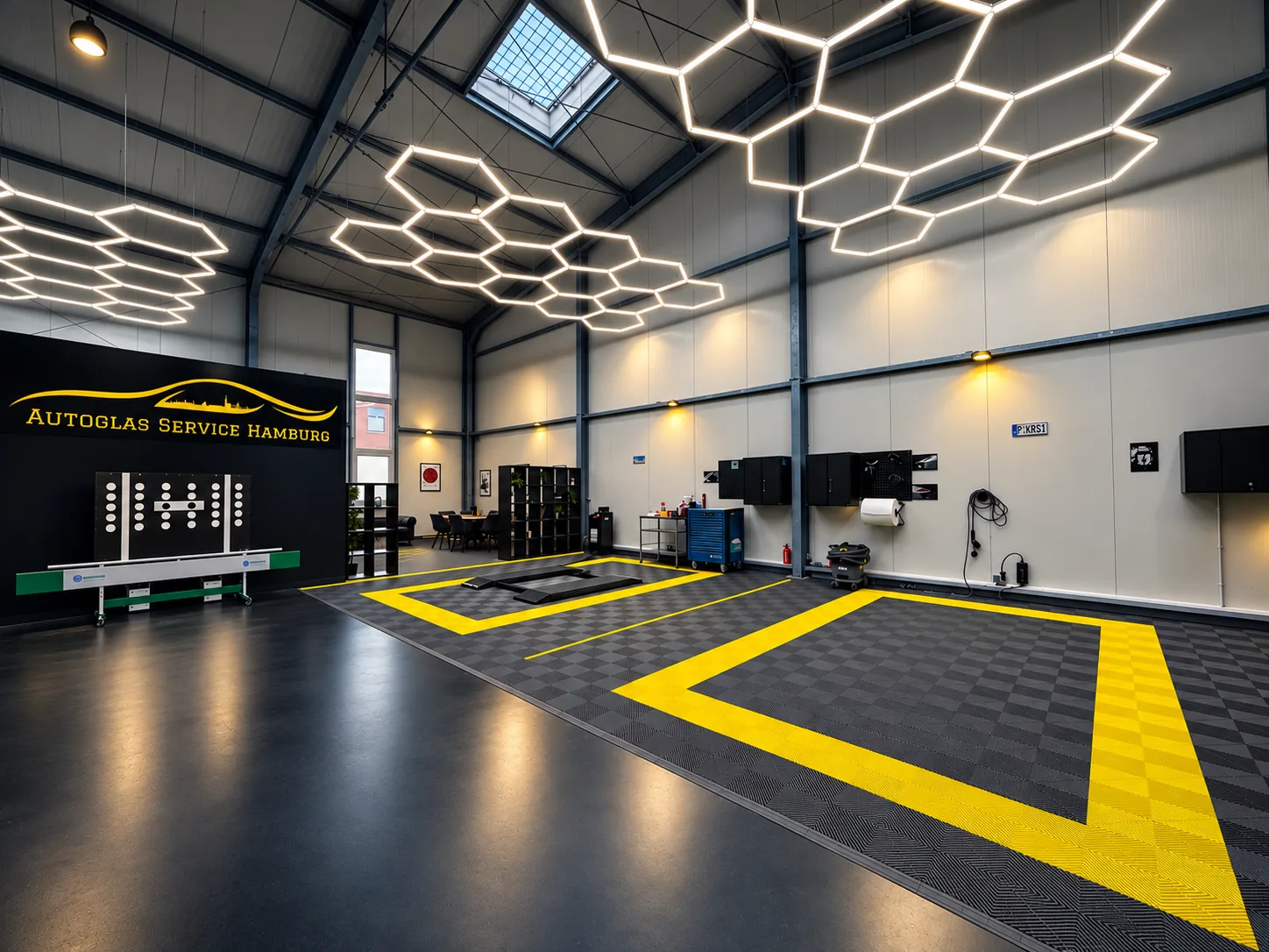 Moderne Werkstatthalle von Autoglas Service Hamburg mit Hexagon-LED-Beleuchtung und Kalibrierplatz